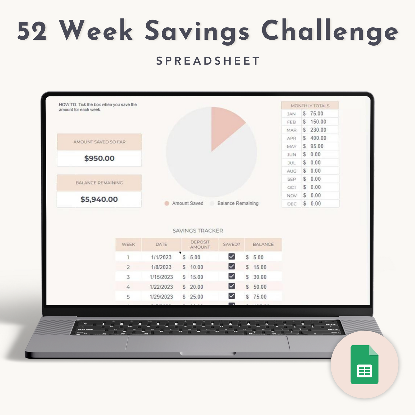 52 Week Saving Challenge Spreadsheet