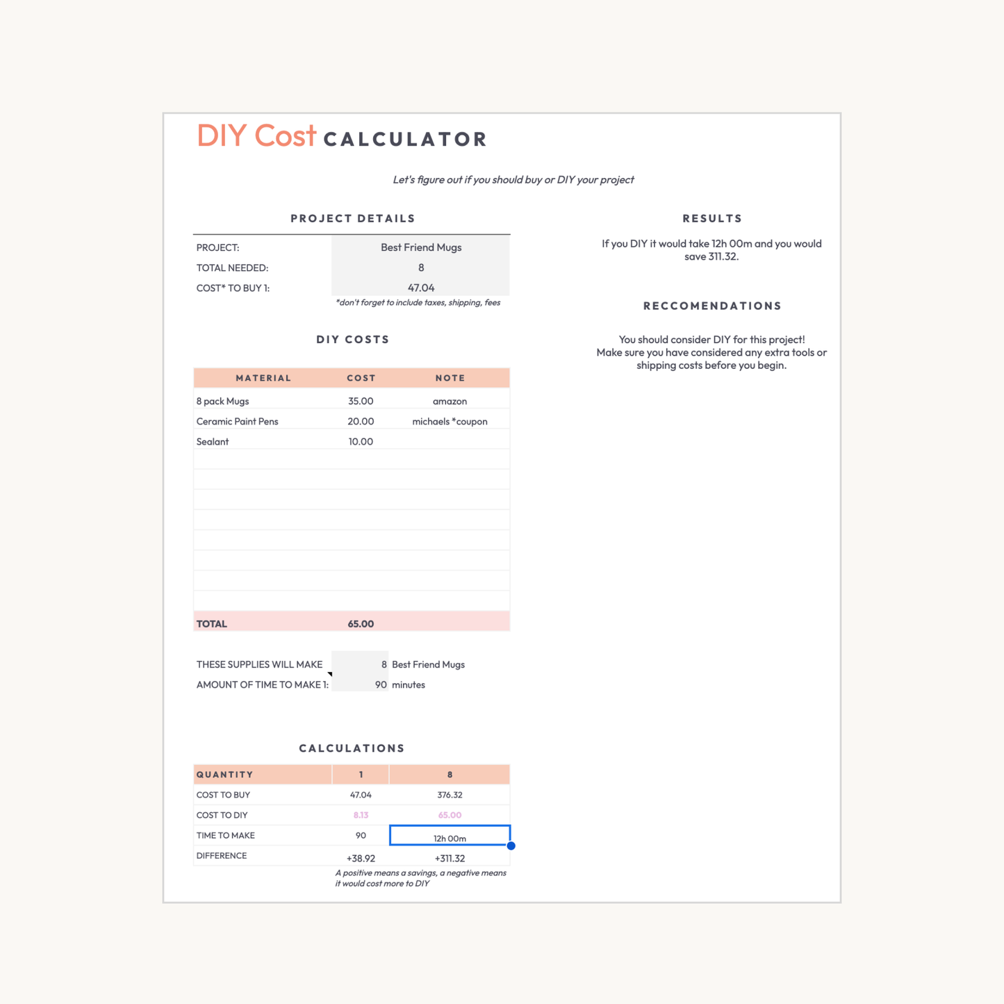 DIY Cost Calculator