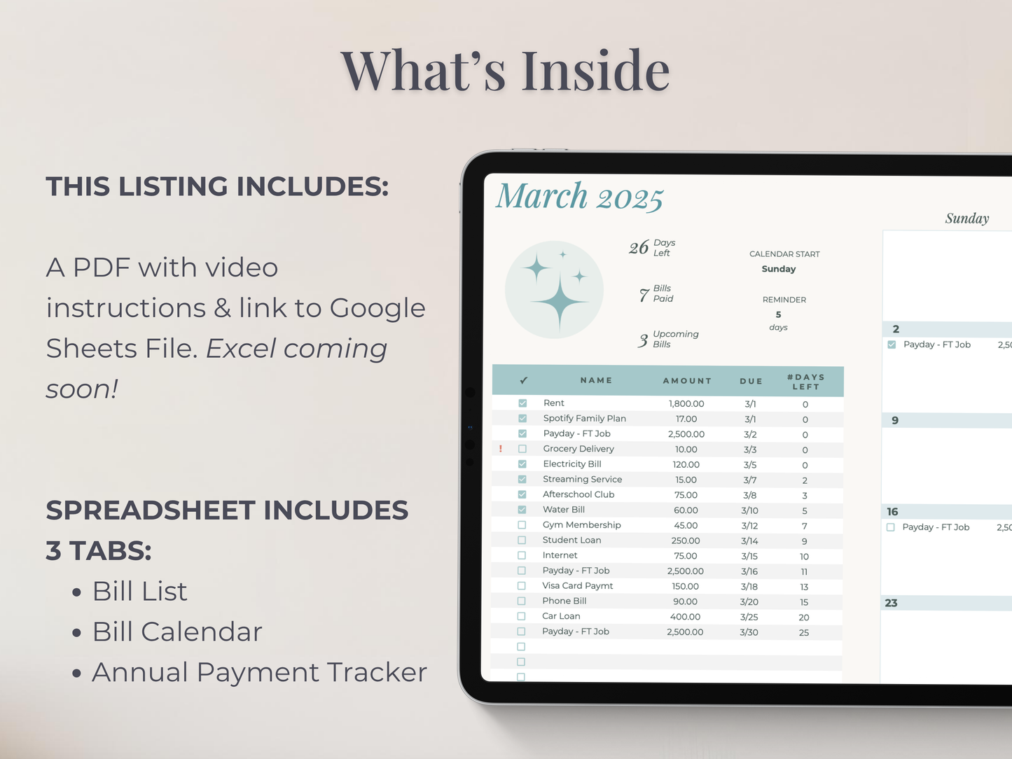 Monthly Bill Calendar Google Sheets Spreadsheet Template