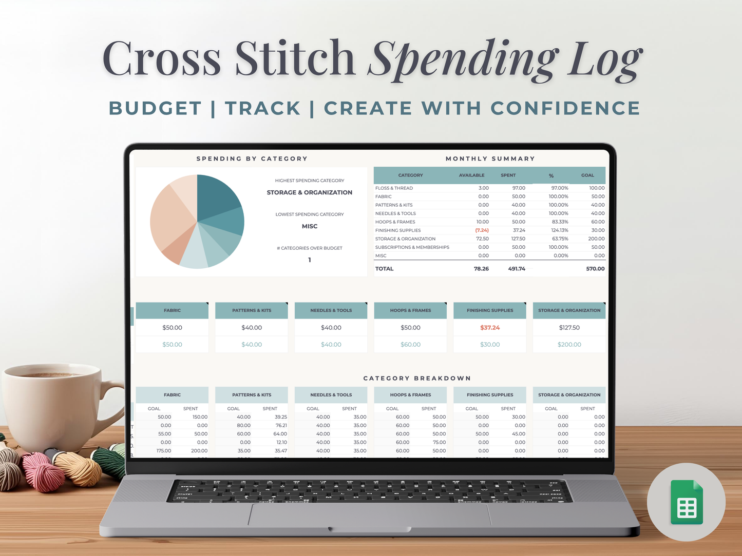 Cross Stitch Spending Tracker Personal Finance Spreadsheet for Google Sheets