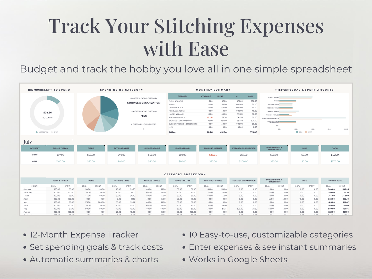 Cross Stitch Spending Tracker Personal Finance Spreadsheet for Google Sheets