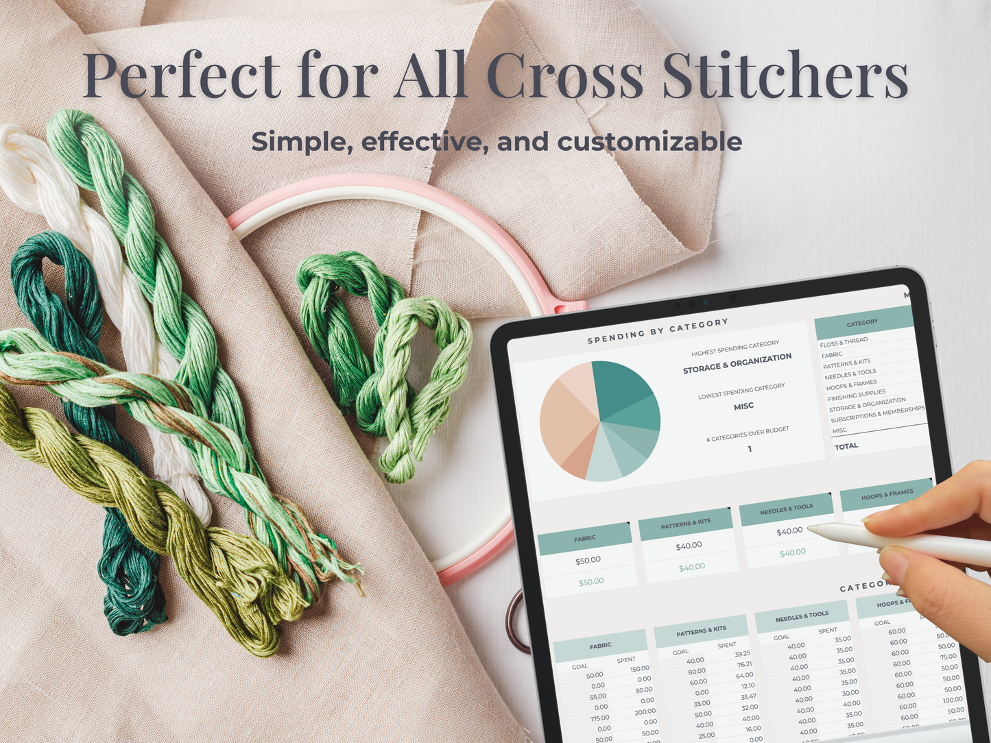 Cross Stitch Spending Tracker Personal Finance Spreadsheet for Google Sheets