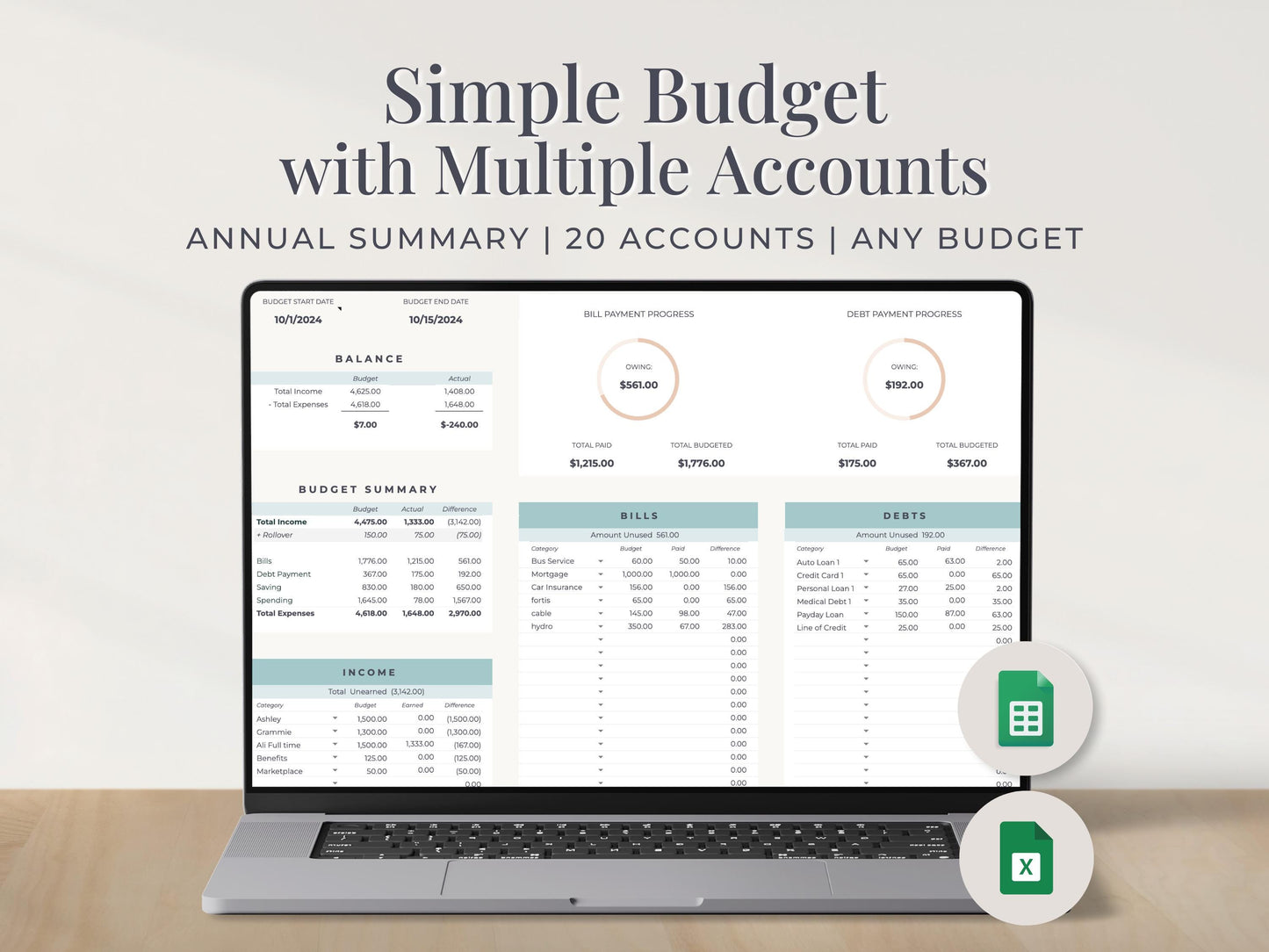 Simple Budget Planner with Multiple Accounts for Google Sheets & Excel