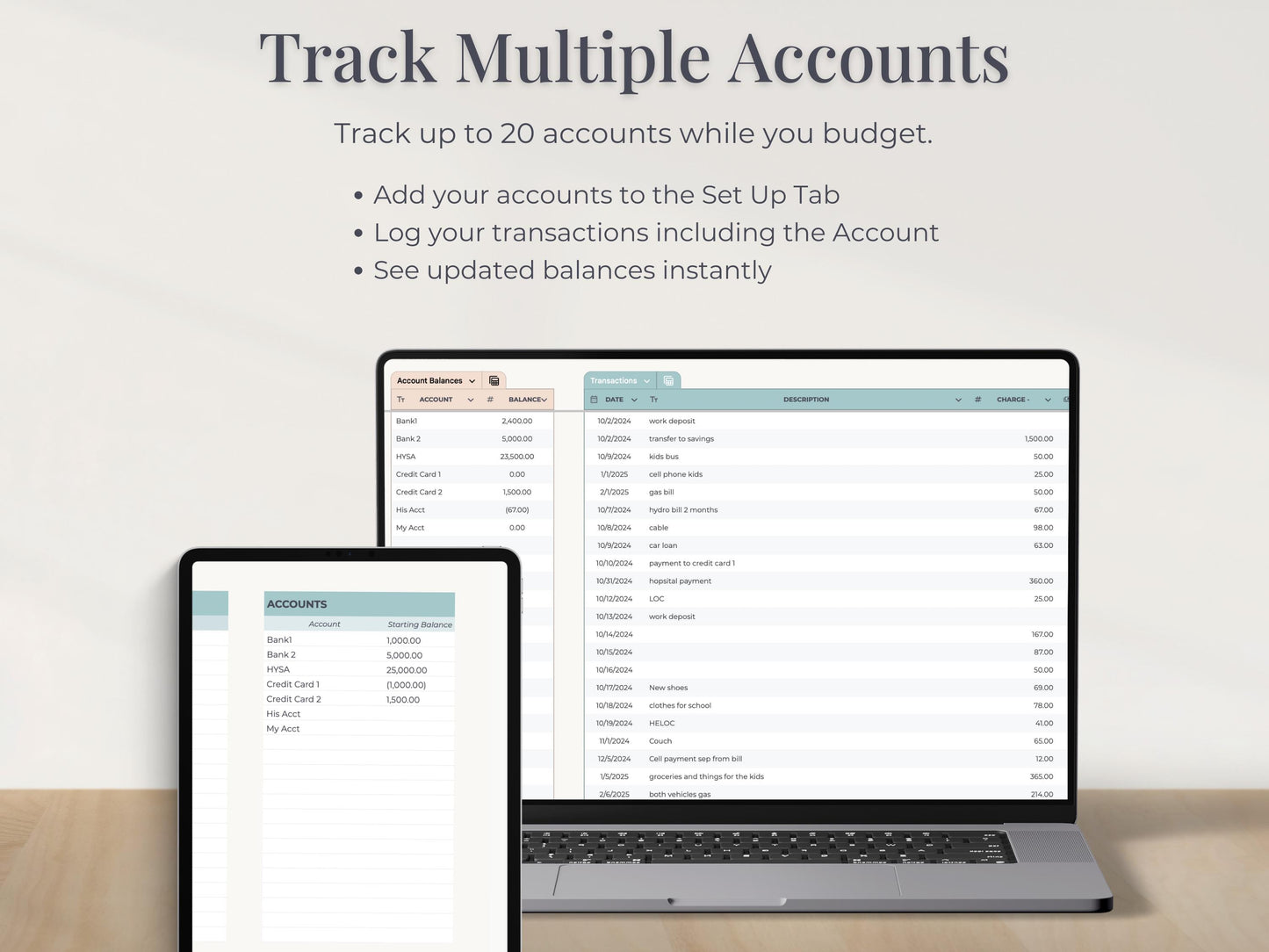 Simple Budget Planner with Multiple Accounts for Google Sheets & Excel