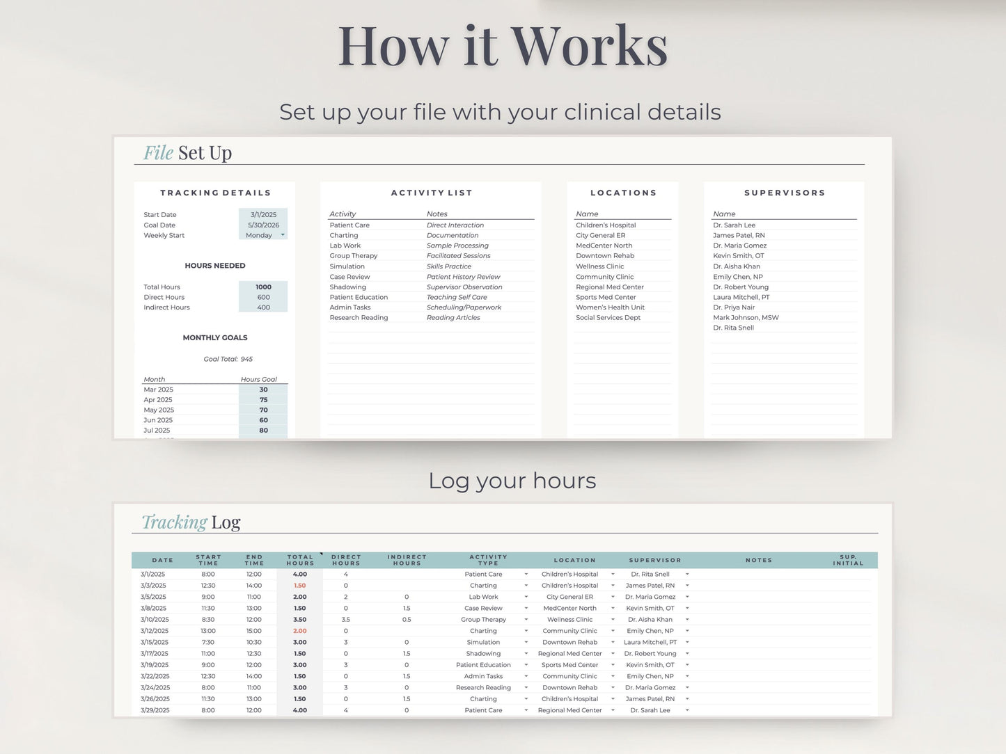 Clinical Hours Tracker for Social Work & Nursing Supervision Log Google Sheets & Excel