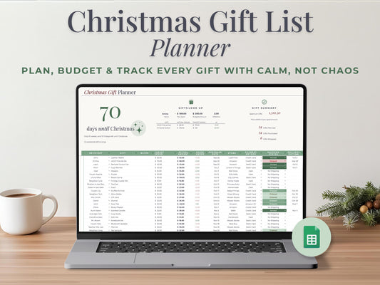 Holiday Budget + Gift Tracker for Google Sheets & Excel