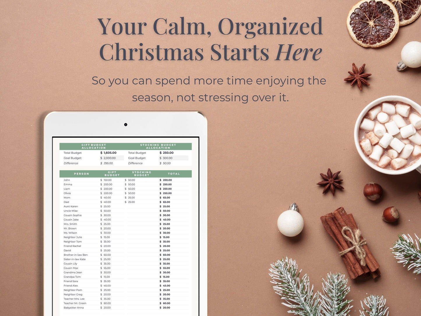 Holiday Budget + Gift Tracker for Google Sheets & Excel