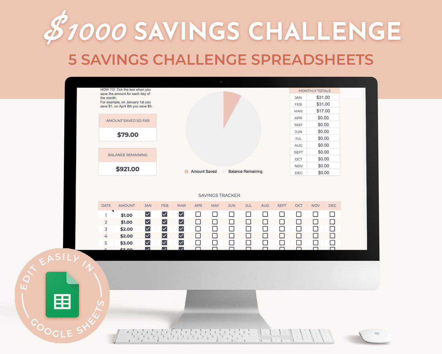 $1000 Savings Challenge Spreadsheet